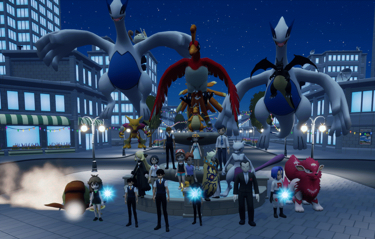 Players and their Pokémon gathered in a city square for a community event, in Pokémon MMO 3D