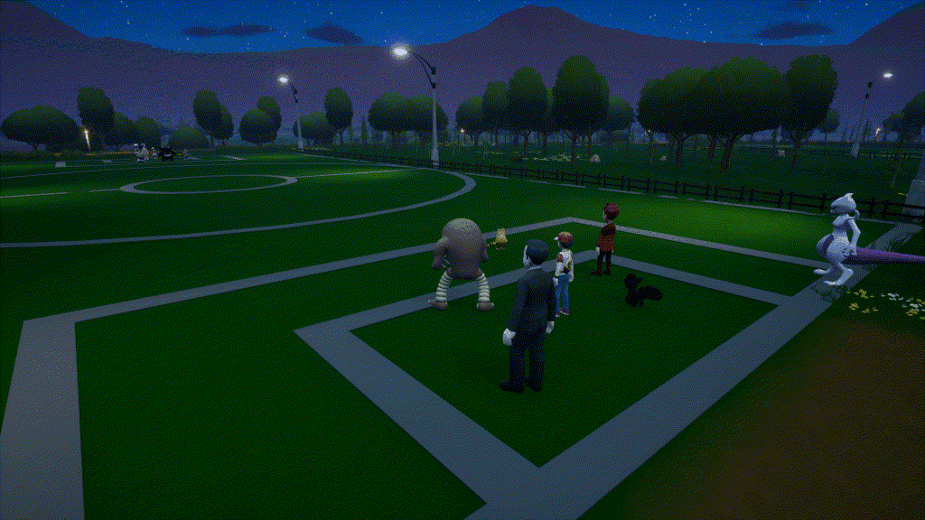 Trainers and their Pokémon on a battle field at night, in Pokémon MMO 3D